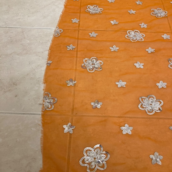 Orange Sheer Scarf With Sequins Embroidered Long - Picture 2 of 5